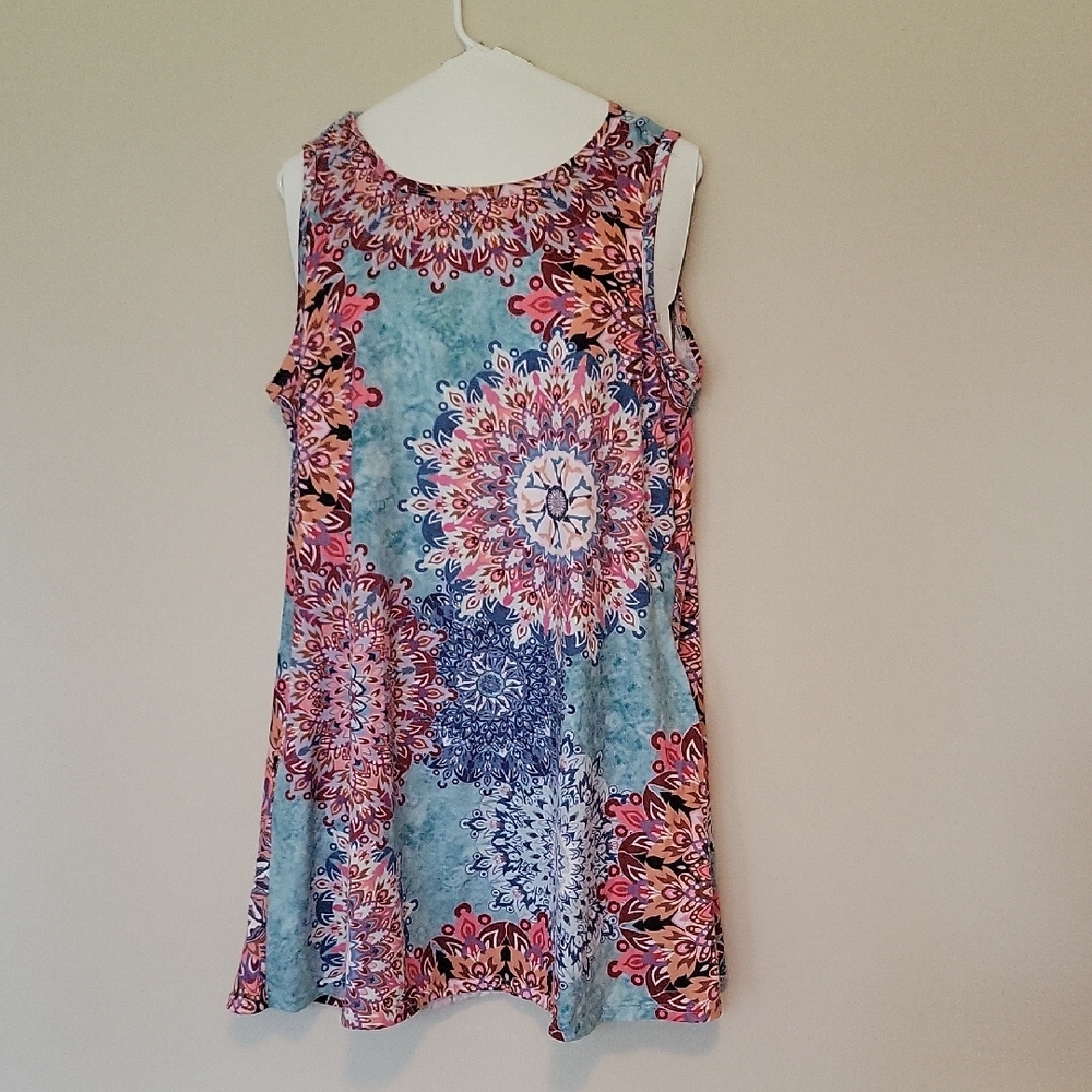 Pink and Blue Sleeveless Mini Sundress Crew Neck Casual